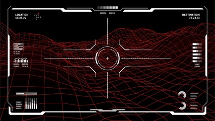 Poster - HUD futuristic monitor screen interface of target aim control vector design. Vr head up display dashboard or Sci Fi game ui control panel with digital target crosshair, red hologram map and graphics