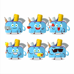 Poster - Blue pencil case cartoon character with various types of business emoticons