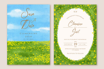 Wall Mural - Set of wedding invitation with watercolor spring yellow flower fields background landscape