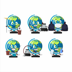 Sticker - Cleaning service globe ball cute cartoon character using mop