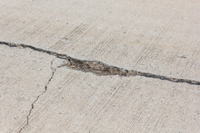 Road Crack, Surface Of Concrete Driveway With Crack And Grass