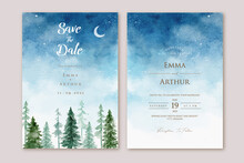 Set Of Wedding Invitation With Hand Drawn Watercolor Night Sky Pine Tree Landscape