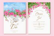 Set Of Wedding Invitation With Hand Drawn Watercolor Spring Pink Bougainvillea Flower Background