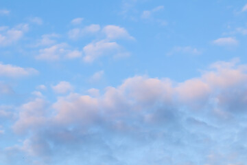 Wall Mural - Blue sky background with white pink clouds at sunset