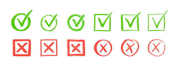 Aufkleber - Green check and red cross mark set. Hand drawn doodle sketch style. Vote, yes, no drawn concept. Checkbox, cross mark with square, circle element. Vector illustration.