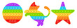 Pop it sensory vector toy. Popit fidget toy. 3d realistic antistress fidgeting toy Rainbow popular popit shaped as a cat, a circle, a star. Bubble pop it fidget vector. 