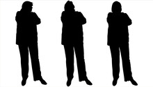 A Female Silhouette With A Leg Extended Forward, Arms Folded One Above The Other. Front View, Semi Sideways. Female Black Silhouettes, Isolated On A White Background, Stand Near Each Other In One Line