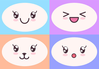 Wall Mural - Kawaii cute faces on colorful backgrounds set. Manga style eyes and mouths. Funny cartoon japanese emotion in different face expressions. Anime characters and emotions. Eastern kawaii culture design