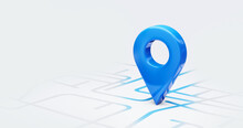 Blue Location 3d Icon Marker Or Route Gps Position Navigator Sign And Travel Navigation Pin Road Map Pointer Symbol Isolated On White Street Address Background With Point Direction Discovery Tracking.
