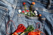 Creative DIY project, hand embroidery at home on jeans, creative hobby, clothes recycle, floral embroidery design, colorful threads, embroidery needle