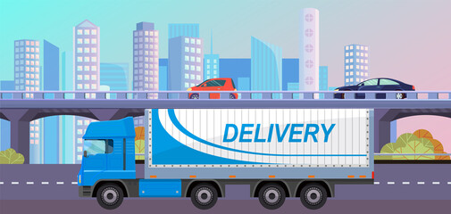 Transport for delivery of goods in warehouse of enterprise. Freight transport in storage with boxes. Delivery truck for transportation in factory. Truck with body for cargo vector illustration