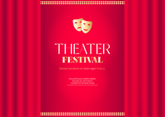 Wall Mural - Horizontal theater festival background with red curtains, graphic elements and text. Vector illustration.