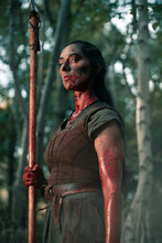 Dirty Woman With Shield And Spear At Reconstructed Battle