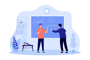Students writing complex equations on school board. Boys on lesson in classroom flat vector illustration. Science, mathematics, knowledge concept for banner, website design or landing web page