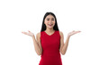 © Thitiwat - Happy beautiful young Asian woman in casual red dress is smiling, looking camera while showing, holding something on two hands palm with blank copy space, isolated white background with clipping path.