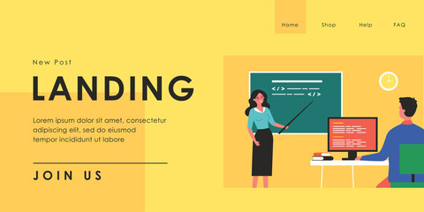 Wall Mural - teacher leading lesson flat vector illustration. woman standing at blackboard with pointer and stude