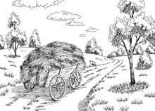 Rural Road Graphic Black White Landscape Sketch Illustration Vector 