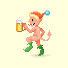 Wall Mural - colorful simple flat pixel art illustration of cartoon fantasy naked dancing devil, elf, gremlin, troll, satyr, faun, pan or goblin in red santa hat with a glass of beer