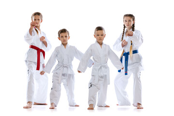 Group of young sportsmen, taekwondo athletes wearing doboks and sports uniforms standing isolated on white background.