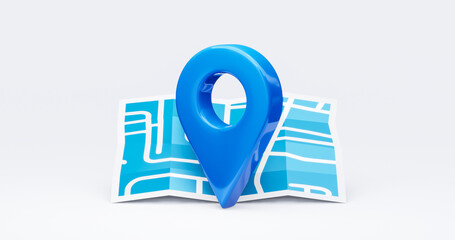 Wall Mural - Blue location 3d icon marker or route gps position navigator sign and travel navigation pin road map pointer symbol isolated on white street address background with point direction discovery tracking.