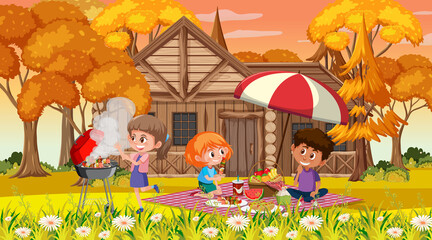 Wall Mural - Autumn scene with many children picnic in the park