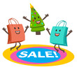 Happy Cartoon New Year or Christmas Tree Character and Shopping Bag Characters jumping on the trampoline. Sale theme