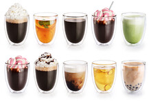 Collection Of Hot And Cold Drinks In Double Walled Glass On White Background. Cocoa, Coffee, Tea, Matcha, Milk Tea.