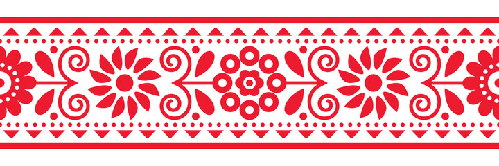 Poster - Floral folk art vector seamless embroidery band or belt pattern inspired by traditional designs Lachy Sadeckie from Poland - textile or fabric print ornament
