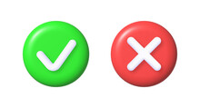 Green Check And Red Cross Icons. 3d Render Illustration Isolated On White Background.