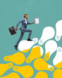 © master1305 - Ideas ladder. Up to goal, success. Young man, businessman, finance analyst or clerk in business clothes going up on electric bulbs.
