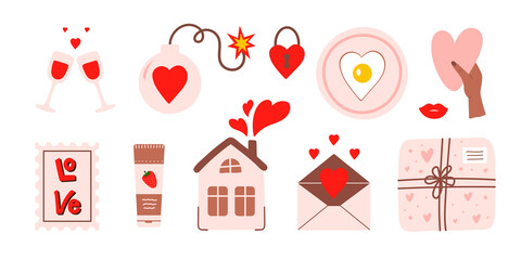 Wall Mural - set of romantic icons for valentine's day isolated on a white background. modern hand drawn design f