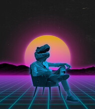 Contemporary Art Collage. Man In Official Suit With Dinosaur Head Sitting On Chair Isolated Over Neon Background