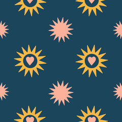Wall Mural - Minimalistic abstract seamless pattern with geometric stars and hearts on dark blue background. Bohemian pattern for wallpaper, textile, fabric, interior design. Modern vector illustration