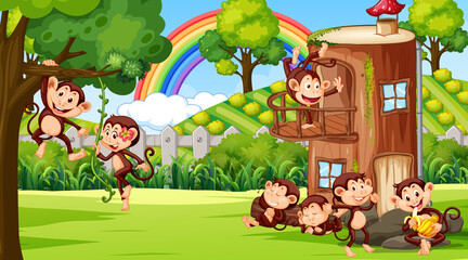 Wall Mural - Outdoor scene with tree house and many monkeys