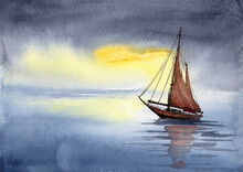 Watercolor Illustration Of A Sailing Boat With Red Sails With Its Reflection In Blue Water Against A Yellow Sunset Sky Background