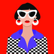 Pop art, fashion, color, girl in sunglasses. Beautiful pop art flat girl in 60s style. Vector, EPS 10