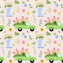 Vintage Style Pattern With A Floral Pickup Truck, Blue Boot, And Pretty Flowers. Isolated On White Background. Great For Textile Design, Cards, Wallpapers.