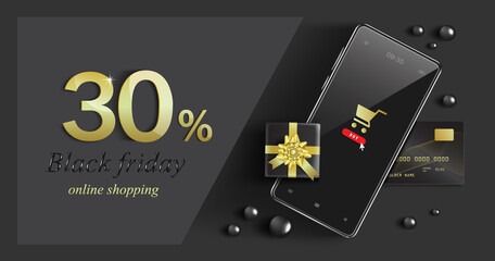 Sticker - The gift box is placed on the phone and has a credit card on the bottom and next to it there is a message 30% off sale for black friday sale promotion,vector 3d for online shopping concept design