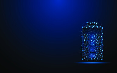 Fototapete - Abstract battery charging on dark blue background. Digital low poly wireframe style design with connection points. vector illustration
