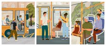 People in bus vector posters set. City public ptransport interior, sitting and standing passengers. People commute by bus