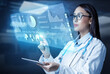 Female doctor holding a tablet computer and touching medical graphs on virtual screen. Medical innovative technology and network connection. 3d illustration.