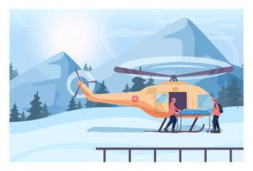 Wall Mural - An accident victim transportation. Ski resort rescuer team. Finding people