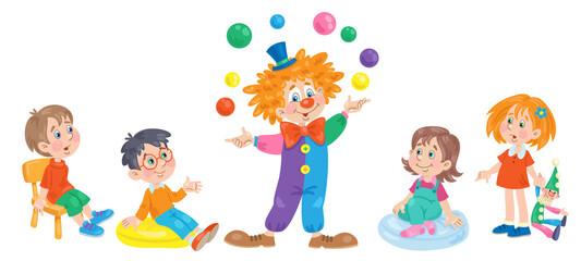 Wall Mural - Children watch the performance of a funny clown. In cartoon style. Isolated on white background. Vector illustration.