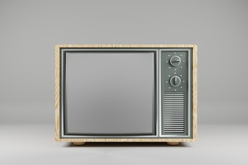 Poster - Beautiful 3D wooden Retro Old Television on grey background, Vintage analog TV with copy space. 3d render illustration. Background pattern for design.
