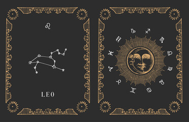 Wall Mural - Leo zodiac constellation, old card in vector.