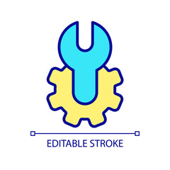 Sticker - Device repair RGB color icon. Computer issue resolving. Smartphone troubleshooting. Spanner and gear. Isolated vector illustration. Simple filled line drawing. Editable stroke. Arial font used