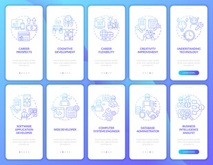 Coding concepts blue gradient onboarding mobile app screen set. Developer walkthrough 5 steps graphic instructions pages with linear concepts. UI, UX, GUI template. Myriad Pro-Bold, Regular fonts used