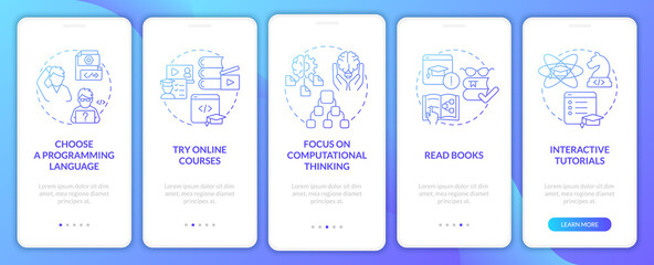How to learn to code blue gradient onboarding mobile app screen. Study walkthrough 5 steps graphic instructions pages with linear concepts. UI, UX, GUI template. Myriad Pro-Bold, Regular fonts used