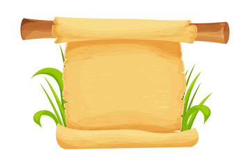 Wall Mural - Parchment scroll on bamboo stick with grass in cartoon style isolated on white background. Game asset, design element. Ancient, medieval paper.