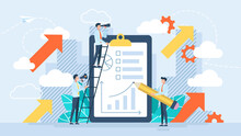 Business Development Strategy Planning. Data Analysis, Cooperation Of Company Departments. Scheduling A Financial Or Economic Strategy To Develop The Company. Tiny Characters. Flat Vector Illustration